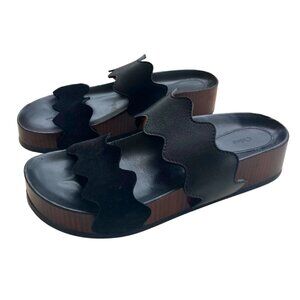 Chloe Lauren Scalloped Leather Sandals Size 7  | Black & Wood | FREE SHIPPING